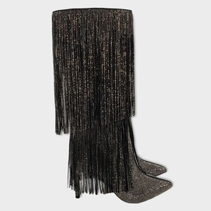 INC International Concepts Is Black and Silver Bling Fringe Heeled Boots Sz 8.5M